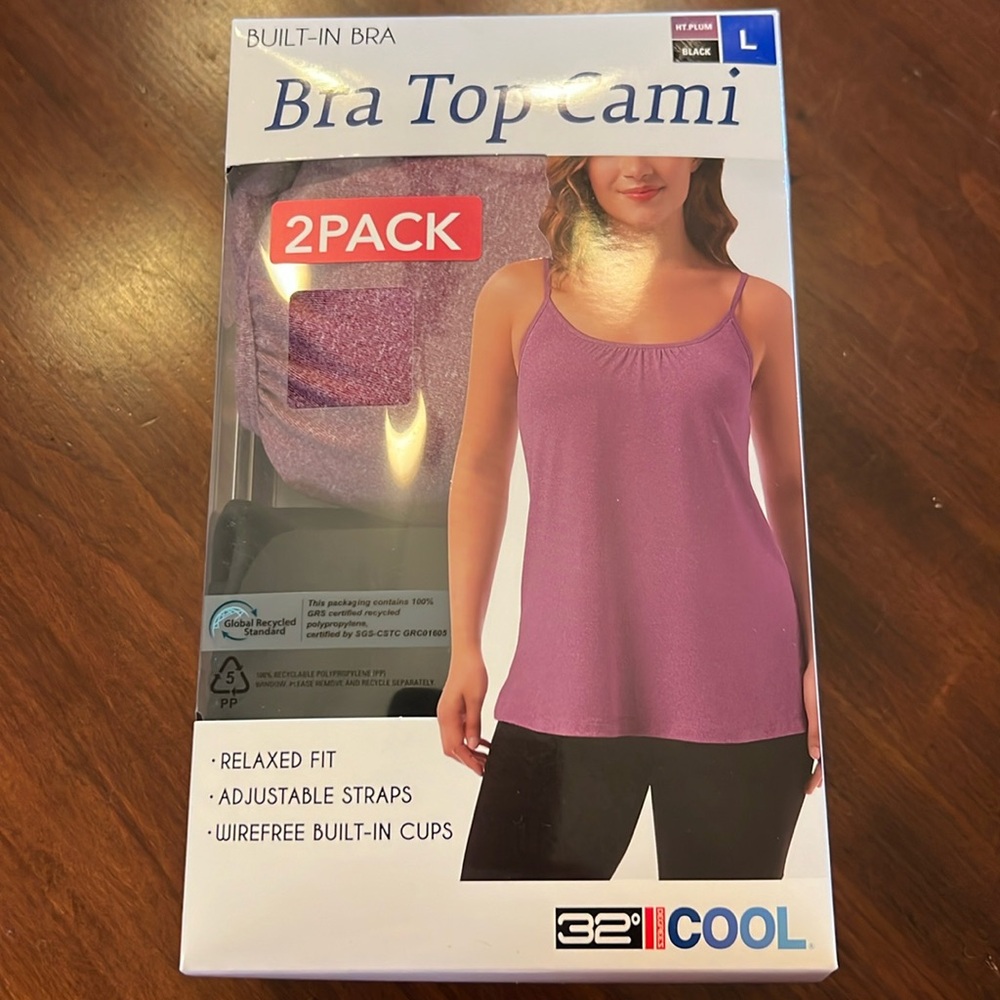 32 Degree Cool Bra Top Cami - Size L- Heather Plum & Black - NWT